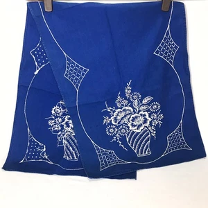 Woven Blue Cotton Table Runner With White Floral Embroidery 13.25” x 36” - Picture 1 of 5