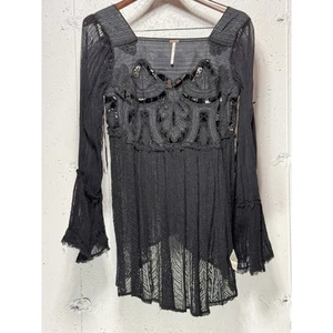 Túnica/mini vestido Free People negro de encaje/malla/cuentas manga larga talla XS NUEVO SIN ETIQUETAS - Imagen 1 de 5