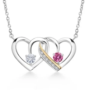 925 Silver and 10k Yellow Gold White Moissanite and Pink Moissanite Necklace - Picture 1 of 4
