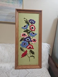 LARGE Ready To Hang Finished Framed Red Poppies Floral Vintage Embroidery Crewel - Picture 1 of 7