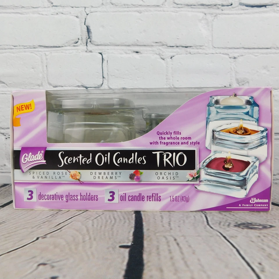 Glade Scented Oil Candles Trio Glass Jars & Refills Rose/vanilla Dewberry Orchid