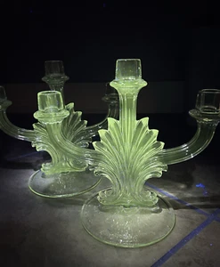 2)Fostoria Rare 2484 Pair of UV Reactive Triple Light Candlestick 1930s Art Deco - Picture 1 of 10