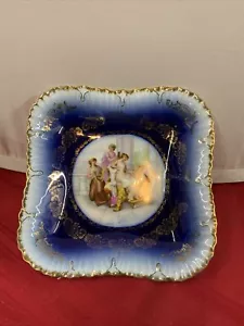 Victoria Carlsbad Austria Vintage Dish Bowl Plate Blue Gold Decor Portrait 9 1/2 - Picture 1 of 11