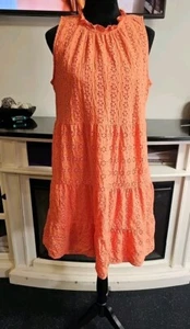 Loft Dress Womens Large Coral Eyelet Lace Sleeveless Tiered Pockets - Picture 1 of 8