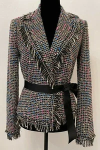 Vintage Cache Womens Satin Tie Front Blazer Size 4 Multicolor Metallic Tweed  - Picture 1 of 12
