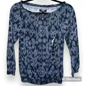 CHAPS DENIM sz XS blue elastic neck& hemline multicolor pullover blouse 3/4 slvs - Picture 1 of 12