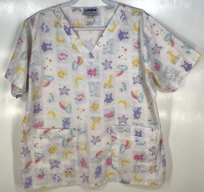 Scrub Top womens size L Large by Landau baby footprints cute animals rainbows - Image 1 of 4