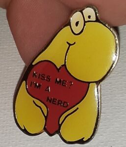RARE Vintage NERDS Candy Gold Enamel Shirt Pin ~ "Kiss me? I'm a Nerd" ~ Pinback