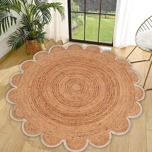 Rug Round in Jute Latest Design Handmade Jute Area Rug Beige with White Scallop - Picture 1 of 5