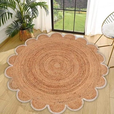 Rug Round in Jute Latest Design Handmade Jute Area Rug Beige with White Scallop - Image 1 of 4