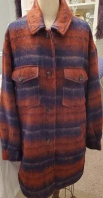 Topshop 女式 Mac 夹克多色蓝色格子纽扣口袋领 M 全新 — 第 1/4 张图片