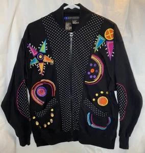 IB Diffusion Full Zip Bomber Jacket Embroidered Embellished Tribal 80s Oversized - Picture 1 of 4