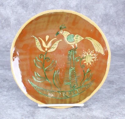 Original 1946 Art Pottery Plate Louise M. Kinney Handmade Bird Country Flower  - Image 1 of 2