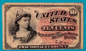 1863 US 10 Cents, Fractional Currency, Civil War, Obsolete Currency - Picture 1 of 2