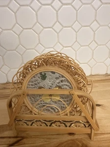 Vintage Coaster Set Butterfly Boho Bamboo Rattan Wicker Butterflies Set Of 6 - Picture 1 of 15