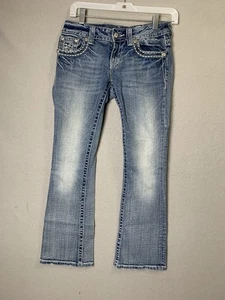 Pantalones de mezclilla Miss Me para mujer 26 azules corte bota solapa bolsillos brillantes joyas boho - Imagen 1 de 11