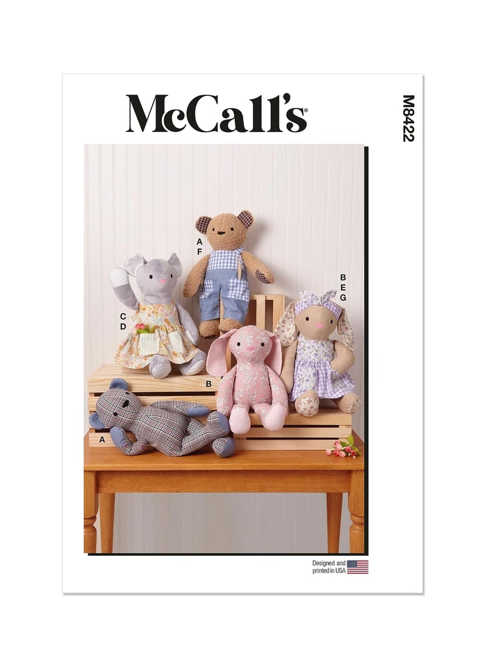 McCall’s Plush Bear Bunny & Mouse With Clothes & Headband Sewing Pattern M8422