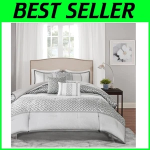 Traditional Geometric Grey Comforter Set, Queen 7 Piece - Picture 1 of 8