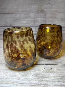 Pair Amber Tortoiseshell Handblown Glass Stemless Wine Glass 4.5x3.5” - Picture 1 of 10