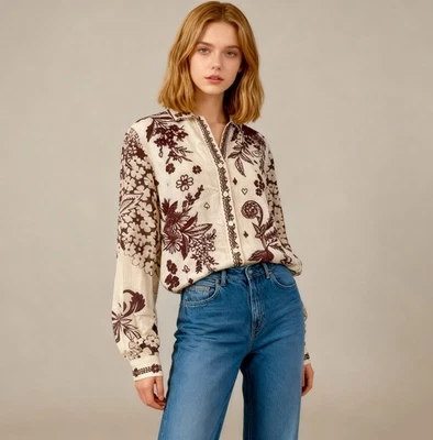 NUEVO SIN ETIQUETAS JOHNNY WAS Blusa Blusa Blusa Bordada Floral Mangas Largas Cuello Abierto Talla S Foto 1 de 4