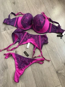Ann Summers "Fuchsia Flirt" 3 Piece Set 36G Bra / M Waspie / M Thong NEW RRP £65 - Picture 1 of 12