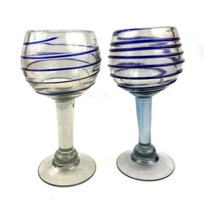 Set 2 Hand Blown Mexican Glass Wine w/ Blue Swirl Bubbles - Picture 1 of 12