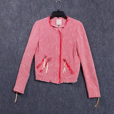 Rebecca Taylor Jacket Womens 6 Pink Tweed Fringe Zip Pocket Leather Trim Blazer - Image 1 of 4