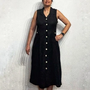 Erika Black Linen Blend Vintage Midi Dress Sz L - Picture 1 of 12