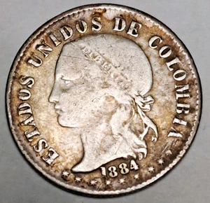 1884 Colombia 20 Centavos Bogata Mint .835 Fine Silver Coin Scarce - Picture 1 of 3