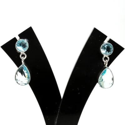 Aqua Aquamarine Gemstone 925 Sterling Silver Jewelry Stud Earring Size 1.20" - Image 1 of 2