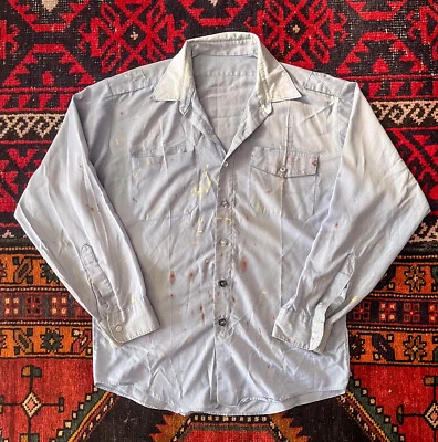 Camisa de Trabajo Vintage Años 60 70 Desteñida Cuello Abotonada Reparación Manual Envejecida 2XL Foto 1 de 4