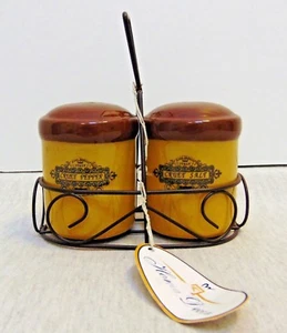 Traditional Terracotta Cruet Salt and Pepper Shakers w/ Metal Caddy - Picture 1 of 6