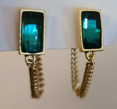 Faux Emerald and Gold Tone Earrings with Chain Loop - posts marked 925 Sterling - Image 1 of 4
