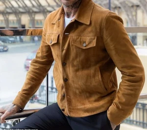 Mens Brown Real Suede Trucker Jacket Custom Made Denim Style Coat - Picture 1 of 4