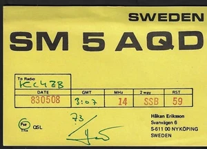 QSL QSO Radio CARD"SM5AQD,Håkan Eriksson",Nyköping,Sweden(Q5860) - Picture 1 of 1