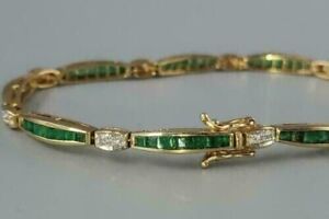 6.79 Ct Princess Cut Simulated Emerald  Tennis Bracelet 14K Yellow Gold Plated