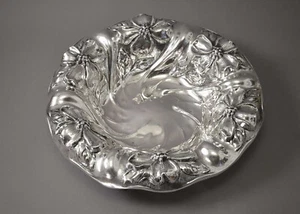 American Art Nouveau Floral 10 ¼” Bowl Sterling Silver Repousse Mauser New York - Picture 1 of 7