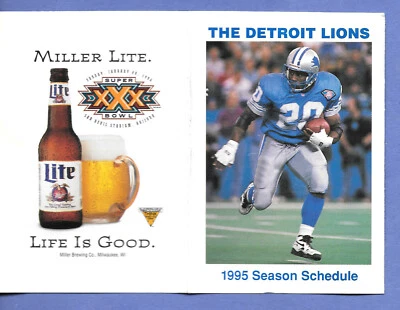 Calendario de bolsillo de fútbol americano 1995 Detroit Lions - Barry Sanders - Miller Lite Foto 1 de 2