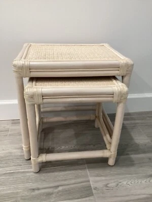 Set Of 2 Bamboo Nesting Tables Rattan Wicker White Washed - Image 1 of 4