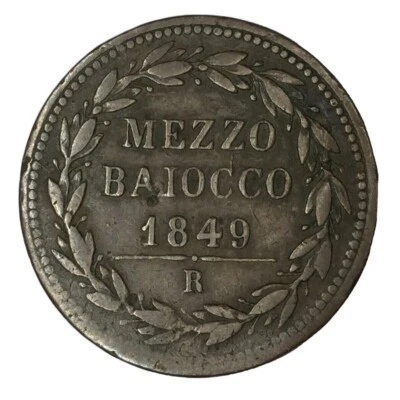 1849 R IIIIR Italy Papal Copper 1/2 Baiocco VF # - Image 1 of 2