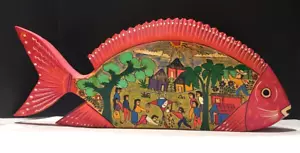 Oaxaca arte popolare messicana legno pesce rosa dipinto a mano con scena tradizione Pinata - Foto 1 di 8