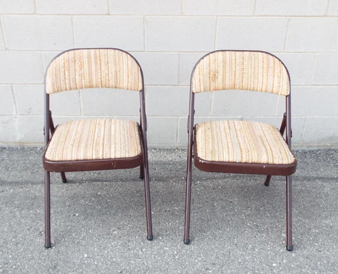 Vintage 60s 70s Pair of Samsonite Metal Folding Chairs Tweed Plaid Padded Seats Cover