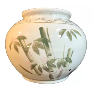 Vintage japanische Keramik Vase Übertopf Bambusblüte handbemalt Seladongrün 8 Zoll - Bild 1 von 11
