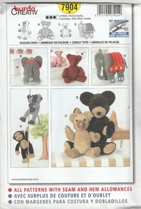 Burda Sewing Pattern 7904 Cuddly Fleece Toy Monkey Bears & Elephant - Picture 1 of 2