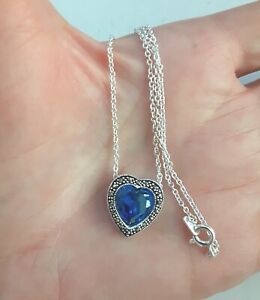 Royal Blue Heart Crystal Pendant Necklace with Marcasite Silver Plate .6*18 in