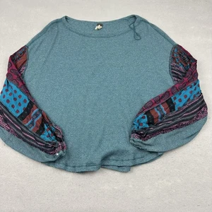We The Free Free People Shirt Womens Large Teal Thermal Boho Patchwork Sleeves L - Picture 1 of 9