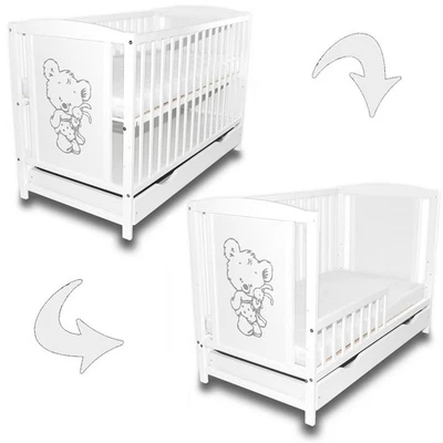 Babybett Gitterbett 2in1 Teddybär Weiß mit Hase + Schublade + Barriere - Bild 1 von 4