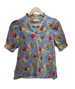 Blusa Top Entro Azul Estampado Floral Cuello Volantes Manga Abullonada Algodón Mujer Talla M - Imagen 1 de 8