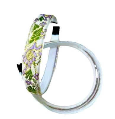 Faixa de cabelo vintage retrô verde e roxo bordado tecido de renda - Imagem 1 de 4