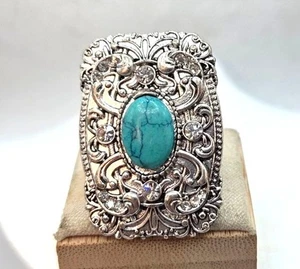 Anello Vintage Argento Filigrana Con Pietra Turchese E Cristalli Trasparenti Dichiarazione Ebreo - Foto 1 di 2